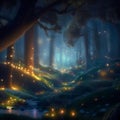 Fantasy forest at night, magic lights and fireflies in fairytale wood, Surreal mystical fantasy artwork. Generative AI Royalty Free Stock Photo