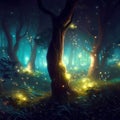 Fantasy forest at night, magic lights and fireflies in fairytale wood, Surreal mystical fantasy artwork. Generative AI Royalty Free Stock Photo