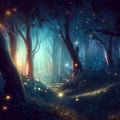 Fantasy forest at night, magic lights and fireflies in fairytale wood, Surreal mystical fantasy artwork. Generative AI Royalty Free Stock Photo