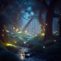 Fantasy forest at night, magic lights and fireflies in fairytale wood, Surreal mystical fantasy artwork. Generative AI Royalty Free Stock Photo