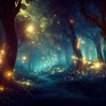 Fantasy forest at night, magic lights and fireflies in fairytale wood, Surreal mystical fantasy artwork. Generative AI Royalty Free Stock Photo