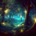 Fantasy forest at night, magic lights and fireflies in fairytale wood, Surreal mystical fantasy artwork. Generative AI Royalty Free Stock Photo