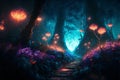 Fantasy forest at night, magic luminous flowers in fairytale wood, generative A