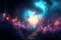 Fantasy forest at night, magic luminous flowers in fairytale wood, generative AI