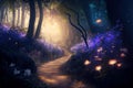 Fantasy forest at night, magic luminous flowers in fairytale wood, generative AI