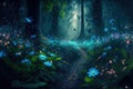 Fantasy forest at night, magic luminous flowers in fairytale wood, generative AI