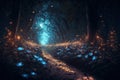Fantasy forest at night, magic luminous flowers in fairytale wood, generative AI