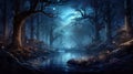 Fantasy Forest At Night, Magical Lights And River In Dark Fairy Tale Woods. Landscape With Trees, Water And Sky. Concept Of
