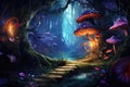 Fantasy Forest With Ragical Secret Door, Mushrooms, And Fairytale Butterflies, Bathed In Mystical Li