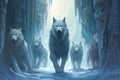 Fantasy Frostwolves roams, their icy breath capable of conjuring magical frost formations illustration generative ai