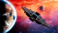 Fantasy future sci-fi space ship flying past a planet with orange nebula and stars in the background. 3D rendering