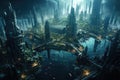 Fantasy futuristic city. 3D rendering and illustration. Computer digital drawing. An underwater city where marine creatures and Royalty Free Stock Photo