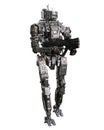 Fantasy futuristic cyberpunk droid robot walking and firing a submachine gun. 3D rendering isolated on white background Royalty Free Stock Photo