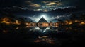 Fantasy futuristic landscape with mountain pyramids, lake and moon Royalty Free Stock Photo