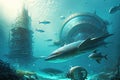 Fantasy futuristic underwater seascape with lost city. Generative AI