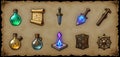 Fantasy Game Assets: Potions, Weapons, Scroll, Chest, and Compass Royalty Free Stock Photo