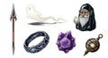 Fantasy game elements: spear, ghost, ring, crystal, wizard and pendulum. Royalty Free Stock Photo
