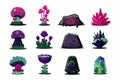 Fantasy game environment set. Cartoon style flowers, stones and mushrooms. Concept design art.