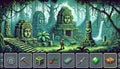 A fantasy game interface set in ancient jungle ruins, with overgrown statues, temples, and wildlife. Generative AI