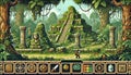A fantasy game interface set in ancient jungle ruins, with overgrown statues, temples, and wildlife. Generative AI