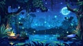 Fantasy game landscape with tree, pond water, campfire and pillow on a night jungle forest background with swamp and Royalty Free Stock Photo