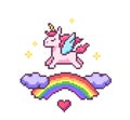 Fantasy game pixel art poster with unicorn, heart, rainbow, stars, glitters and clouds. Royalty Free Stock Photo