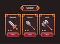 Fantasy game weapon shop concept. Game shop UI frame illustration