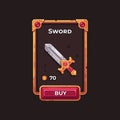 Fantasy game weapon shop UI illustration. Medieval sword game card