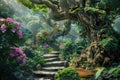 Fantasy garden digital art with flowers, stairway, and mystical trees Royalty Free Stock Photo