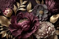 Fantasy garden flowers background in pink, plum, gold natural color scheme, 3d art style, AI generated.