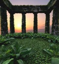 Idyllic fantasy garden with wild Vegetation and Old Ruins