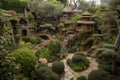 fantasy garden with towering trees, winding paths, and hidden grottos