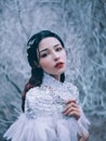 Fantasy Girl princess. Portrait of fairy woman Snow Queen, creative white clothes costume feathers cape. angel face