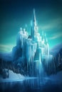 fantasy glowing ice castle in mountain landscape