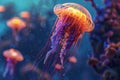 Fantasy Glowing Jellyfish, Bright Underwater Creature, Abstract Jelly Fish, Neon Animals