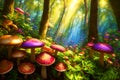 Fantasy glowing mushrooms in the forest in rays of sunset, low angle view, bright acid colors. AI generated