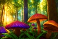 Fantasy glowing mushrooms in the forest in rays of sunset, low angle view, bright acid colors. AI generated