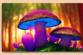 Fantasy glowing mushrooms in the forest in rays of sunset, low angle view, bright acid colors. AI generated