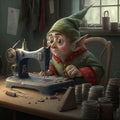 Fantasy gnome in green clothes sewing on machine near window at home. Handmade concept