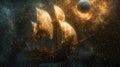 Fantasy golden sails ship floating through cosmic starry space with moon Royalty Free Stock Photo