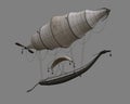 Fantasy gondola airship flying overhead. 3D illustration isolated on grey background