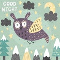 Fantasy good night card with a cute owl. Magic night background Royalty Free Stock Photo