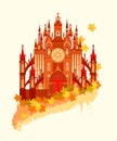 Fantasy gothic medieval kingdom. Rich ornate artistic abstract background. Gold autumn motives. Modern print for your project.