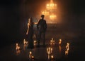 Fantasy gothic sexy couple man and blonde woman dancing. Gothic Girl dancer in Black evening dress back rear view Royalty Free Stock Photo