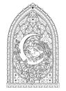 Fantasy Gothic stained glass window with fabulous cock sitting on the moon. Medieval architecture in western Europe. Black and