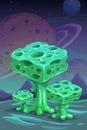 Fantasy green alien mushrooms, cartoon magic plant. Another planet nature landscape.