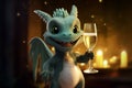 Fantasy green dragon holding a glass of champagne. chinese new year. christmas concept.