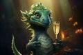 Fantasy green dragon holding a glass of champagne. chinese new year. christmas concept.