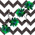 Fantasy green flowers on collapsing zigzag background. Seamless unusual pattern in vector