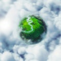 Fantasy green little planet in the sky immerged in clouds